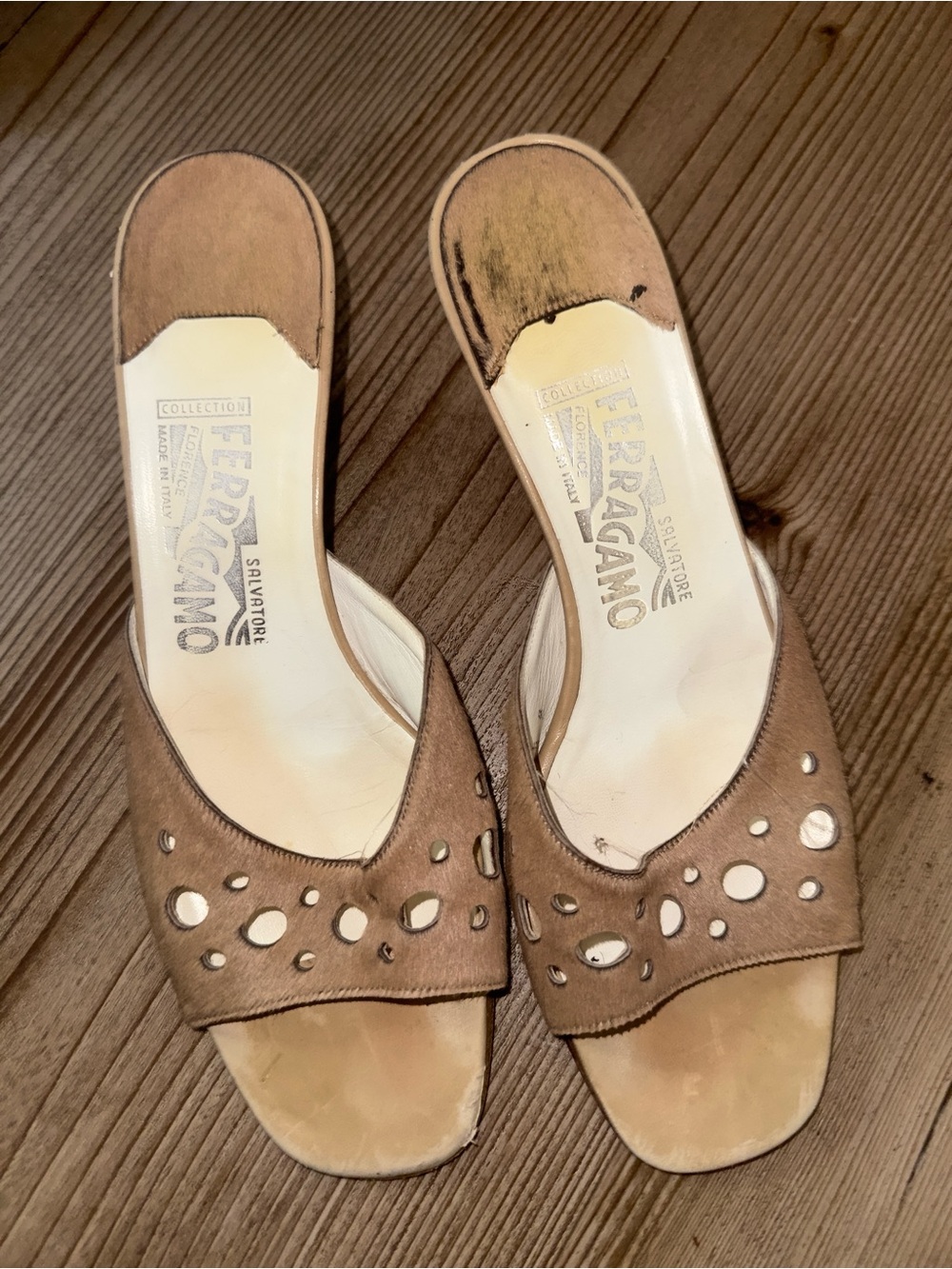 Salvatore Ferragamo Tan Suede Open-Toe Cutout Mules